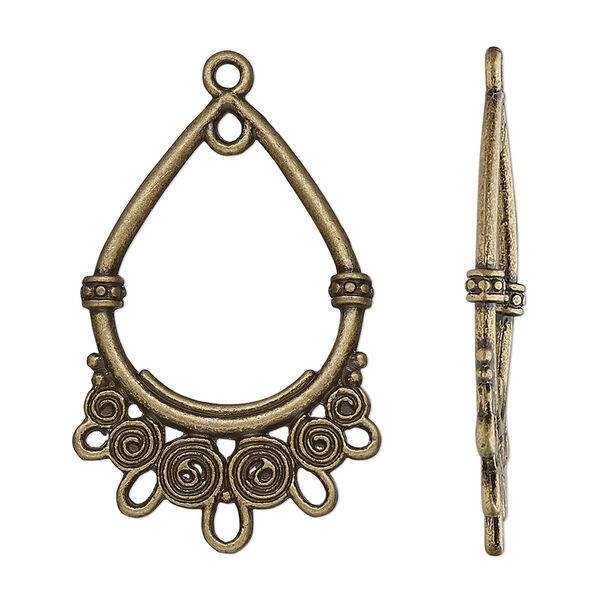 Focal, antique brass-finished "pewter" (zinc-based alloy), 31x22mm double-sided open teardrop with spirals and 6 closed loops. Sold per pkg of 10. image number 0