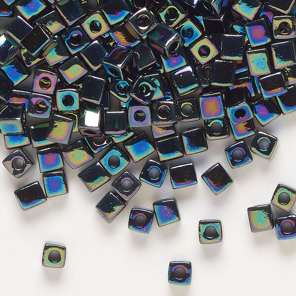 Seed bead, Miyuki 1pkg10g, glass, 3.5-3.7mm square, opaque rainbow black (SB-401R) image number 0