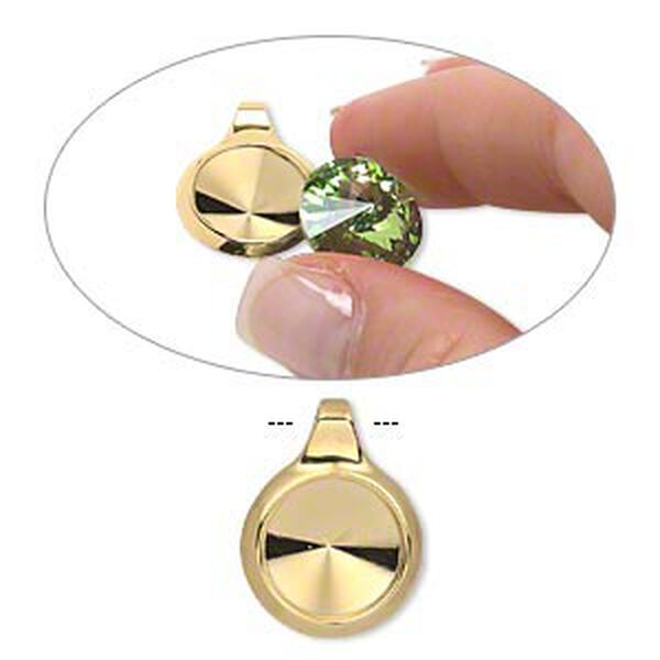 Pendant, Almost Instant Jewelry®, gold-finished "pewter" (zinc-based alloy), 21x16mm single-sided round with 12mm rivoli setting and tube bail. Sold individually. image number 0