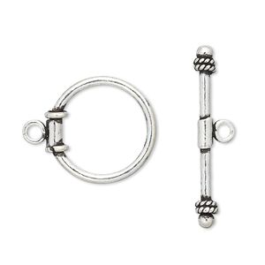 Clasp toggle 1pkg2 sterling silver, 18mm round, antiqued 1-strand