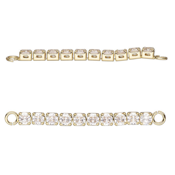 Link, gold-finished brass and cubic zirconia, clear, 35x3mm single-sided cupchain. Sold individually. image number 0