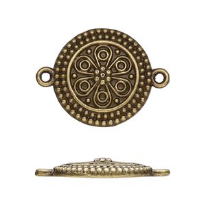 Link, antique brass-finished "pewter" (zinc-based alloy), 21.5mm single-sided domed round with flower. Sold per pkg of 10.