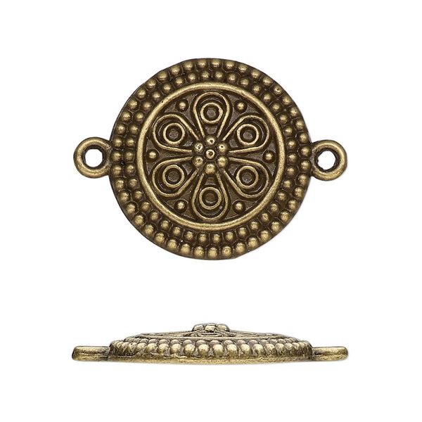 Link, antique brass-finished "pewter" (zinc-based alloy), 21.5mm single-sided domed round with flower. Sold per pkg of 10. image number 0