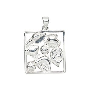 Pendant, sterling silver, 21x20mm single-sided rectangle with cutout shell design. Sold individually.