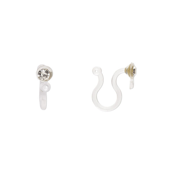 Earring, clip-on, resin and glass, clear, foil back, 11mm with 3mm faceted round and closed loop. Sold per pkg of 2 pairs. image number 0
