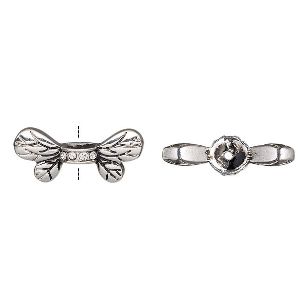 Bead, glass rhinestone and antique silver-finished "pewter" (zinc-based alloy), clear, 22x9.5mm bee wings. Sold per pkg of 2. image number 0