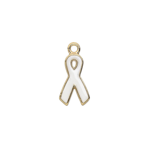 Charm, epoxy and gold-plated aluminum, white, 15x9mm single-sided awareness ribbon. Sold per pkg of 6. image number 0