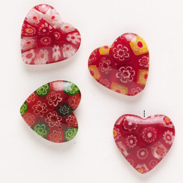 Bead, millefiori glass, pkg/4, translucent multicolored, 18-20mm half-drilled puffed heart. image number 0