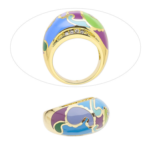 Ring, Avant-Garde Jewelry Collection, enamel / Czech glass rhinestone / gold-plated brass, multicolored, 14mm wide with wavy design, size 8-1/2. Sold individually. image number 0