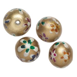 Bead, lampworked glass, opaque multicolored, 15-13mm round with painted flower design. Sold per pkg of 4.