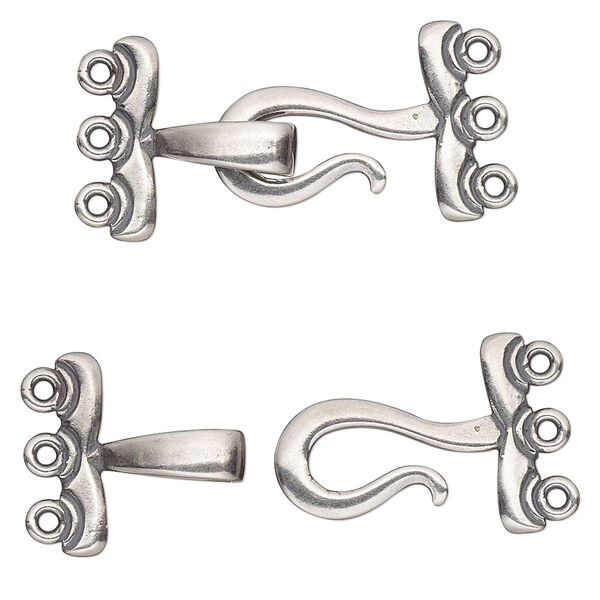 Clasp, JBB Findings, 3-strand hook-and-eye, antique silver-plated brass, 28x15mm. Sold individually. image number 0