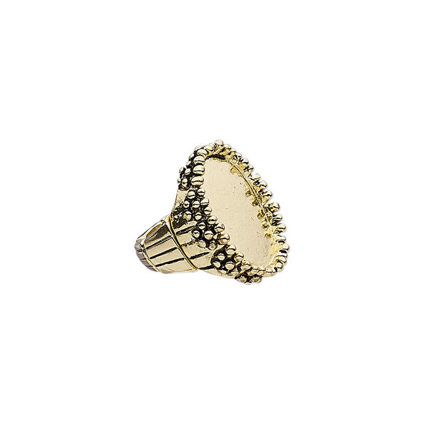 Ring, stretch, antiqued gold-finished "pewter" (zinc-based alloy), 30mm wide with beaded and line design with 25x18mm non-calibrated oval setting, size 8-1/2. Sold individually. image number 0