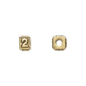 Bead, antique gold-plated pewter (tin-based alloy), 8x6mm rectangle with number "2." Sold per pkg of 4.