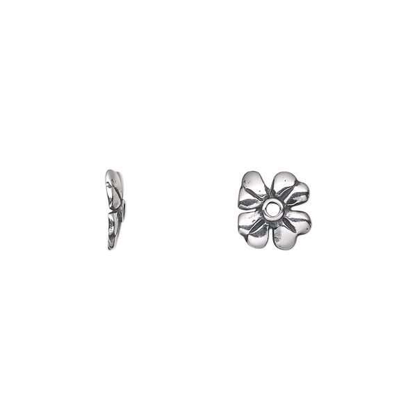 Bead cap, antiqued sterling silver, 9x1.5mm 4-leaf clover, fits 12-14mm bead. Sold per pkg of 2. image number 0