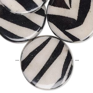 Bead, wood / cotton / acrylic, black and cream, 30mm double-sided flat round with zebra stripe pattern. Sold per pkg of 8.