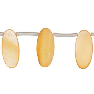 Bead, mother-of-pearl shell (dyed), orange, 18x6mm-19x7mm top-drilled flat oval, Mohs hardness 3-1/2. Sold per 14-inch strand, approximately 20 beads.