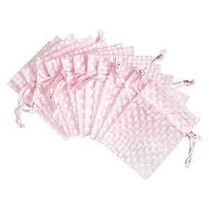 Pouch, organza, light pink and white, 4x3 inches with dots pattern and drawstring closure. Sold per pkg of 12.