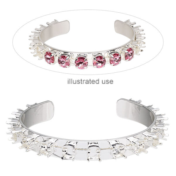 Bracelet, cuff, silver-plated brass, 9mm wide cupchain with (15) SS29 settings, adjustable from 6-1/2 to 7-1/2 inches. Sold individually. image number 0