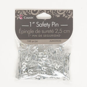 Safety pin 1pkg100, antique silver-finished steel, 1-inch length.