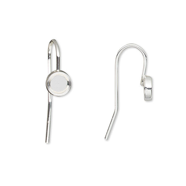 Ear wire, Almost Instant Jewelry®, silver-finished brass, 13mm fishhook with 4mm round glue-in setting, 18 gauge. Sold per pkg of 5 pairs. image number 0