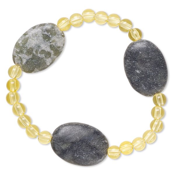 Bracelet, stretch, multi-serpentine (natural) and acrylic, yellow, 5mm round and 24x18mm-25x18mm flat oval, 6-1/2 inches. Sold individually. image number 0