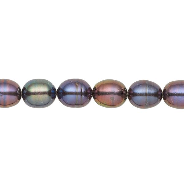 Pearl, cultured freshwater (dyed), dark peacock, 7mm rice with 0.8-1.4mm hole, D grade, Mohs hardness 2-1/2 to 4. Sold per 15-inch strand. image number 0