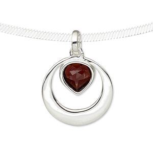 Pendant, garnet (natural) and sterling silver, 27mm round with faceted heart. Sold individually.