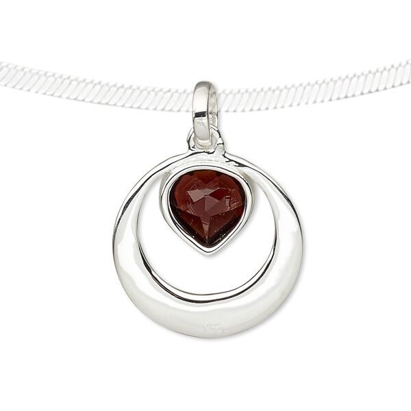 Pendant, garnet (natural) and sterling silver, 27mm round with faceted heart. Sold individually. image number 0