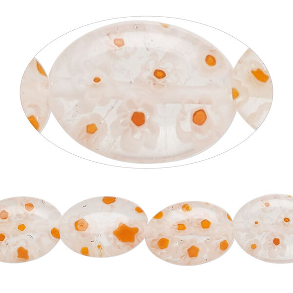Bead, millefiori glass, transparent clear/ white / orange, 10x14mm puffed oval with flower design. Sold per 14-inch strand. image number 0
