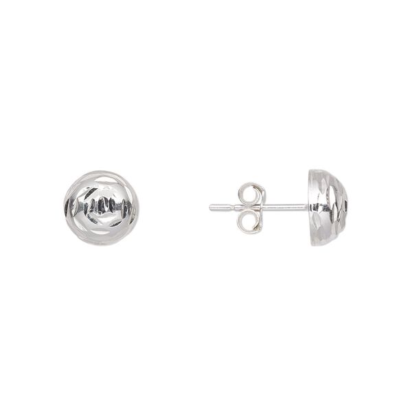 Earstud, sterling silver, 8mm diamond-cut half-ball with post. Sold per pair. image number 0
