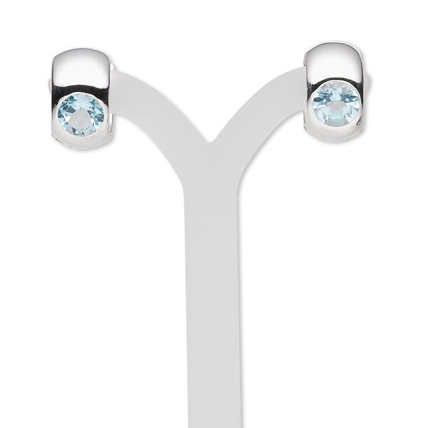 Earring, sky blue topaz (irradiated) and sterling silver, 15x9mm round hoop with 6mm faceted round and hinged closure. Sold per pair. image number 0