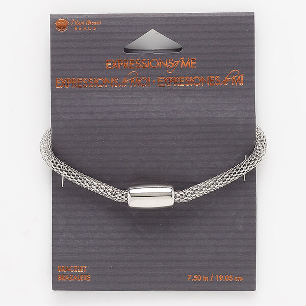 Bracelet, silver-finished "pewter" (zinc-based alloy) and steel, 4mm wide with mesh design, fits beads with 6-9mm hole, 7-1/2 inches with magnetic clasp. Sold individually. image number 0