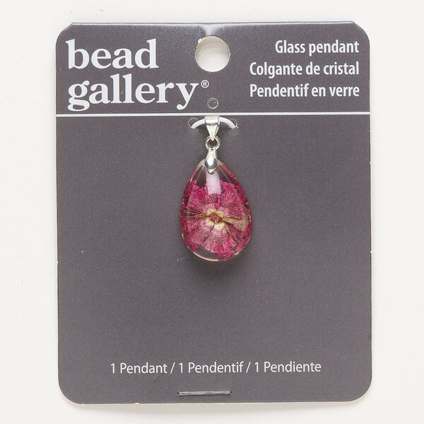 Pendant, acrylic and silver-finished brass, pink and clear, 24x17mm teardrop with flower. Sold individually. image number 0