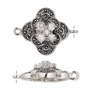 Link, cubic zirconia and antique silver-plated bronze, clear, 24x24mm single-sided fancy flower with 4x3mm faceted oval and 2mm faceted round. Sold individually.
