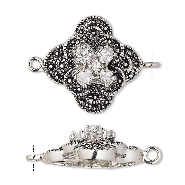 Link, cubic zirconia and antique silver-plated bronze, clear, 24x24mm single-sided fancy flower with 4x3mm faceted oval and 2mm faceted round. Sold individually. image number 0