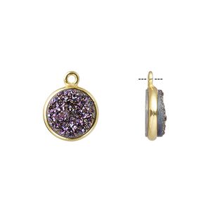 Druzy agate / sterling silver 1pkg1, electrocoated gold finished hand-cut flat round drop 11mm