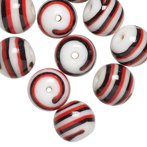 Bead, lampworked glass, opaque red / black / white, 12mm round. Sold per pkg of 10. image number 0