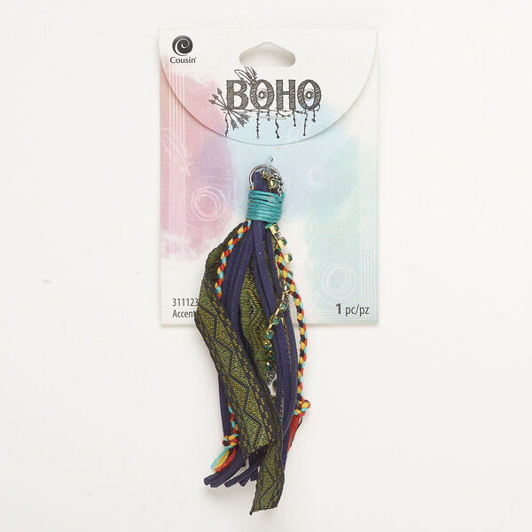 Tassel, "pewter" (zinc-based alloy) / steel / cotton, pkg/1, antique silver- and gold finish, multicolored, 4 inches. image number 0