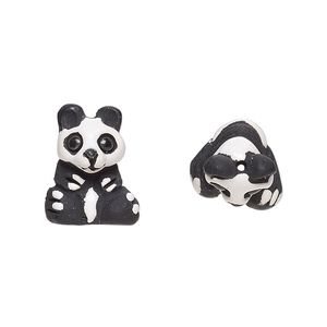 Bead, glazed ceramic, black and white, 16x13mm hand-painted panda bear. Sold per pkg of 2.