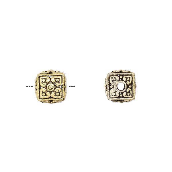 Bead, gold-finished brass, 8mm cube with flower design. Sold per pkg of 2. image number 0