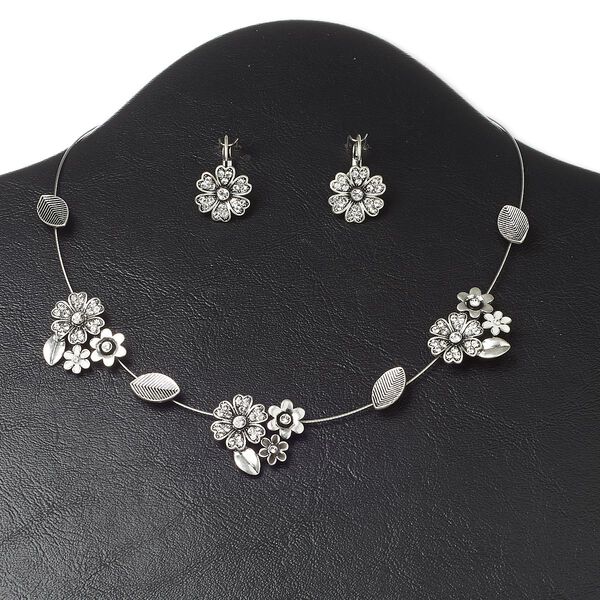 Necklace and earring set, crystal with antiqued silver-finished "pewter" (zinc-based alloy) and steel, flowers, 16 inches with 3-inch extender chain and lobster claw clasp, 1-inch earrings with leverback ear wire. Sold per set. image number 0