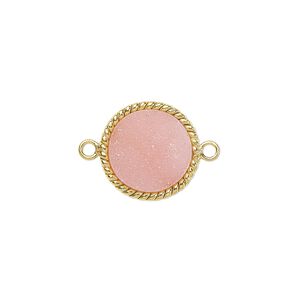 Link, druzy agate (dyed) and gold-plated sterling silver, pink, 14-16mm hand-cut single-sided flat round with twisted wire design. Sold individually.