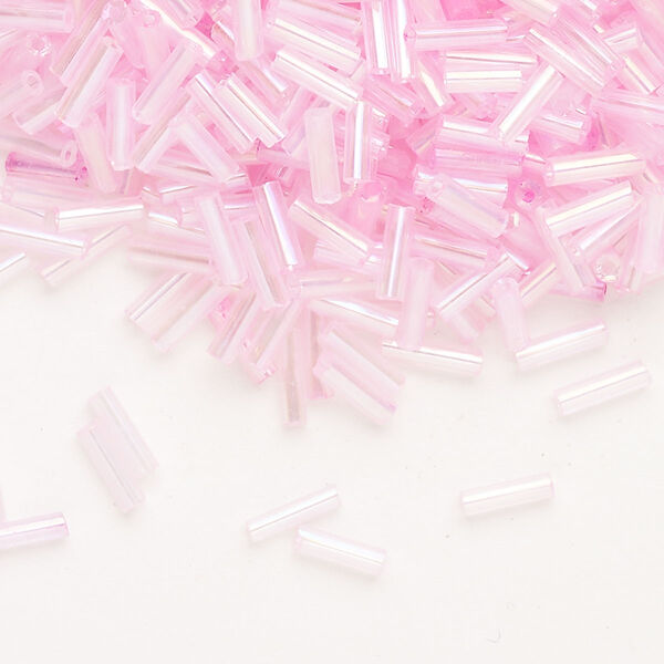 Bead, Ming Tree™, bugle bead, glass, pkg/1/4 pound, 1/4 inch, rainbow dyed color transparent rose. image number 0