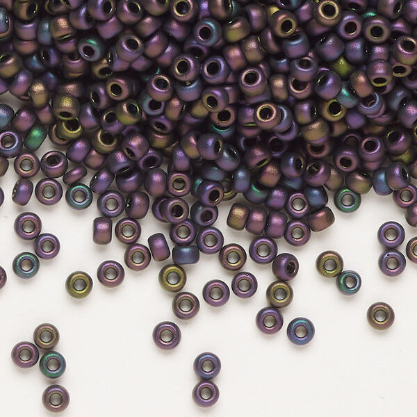 Seed bead, Miyuki, glass, pkg/250g, #8 rocaille, opaque matte metallic iris magenta green (RR-2062). image number 0