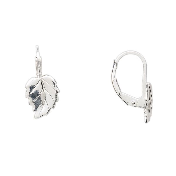 Ear wire, sterling silver, 17mm leverback with 10x8mm leaf. Sold per pair. image number 0