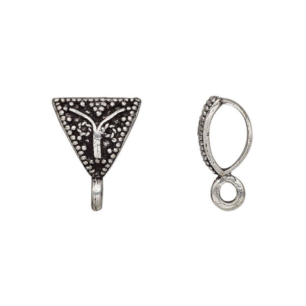 Bail, antique silver-plated brass, 13x11x11mm single-sided beaded triangle with closed loop, 5.5mm hole. Sold per pkg of 4. image number 0