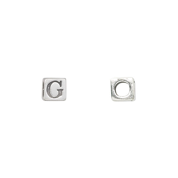 Bead, sterling silver, 5.5mm cube with alphabet letter "G." Sold individually. image number 0