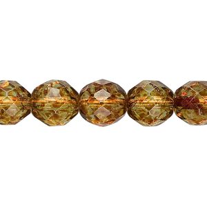 Bead, Czech fire-polished glass, tortoise gold, 10mm faceted round. Sold per 15-1/2" to 16" strand, approximately 40 beads.