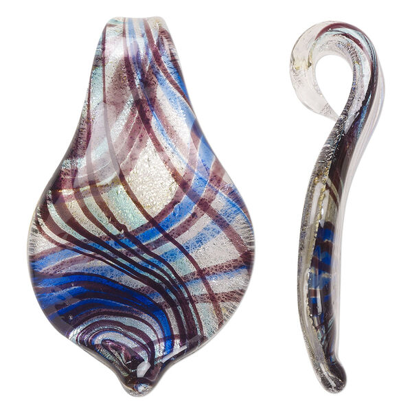 Focal, lampworked glass, multicolored, 59x35mm spoon with silver-colored foil and line pattern. Sold individually. image number 0
