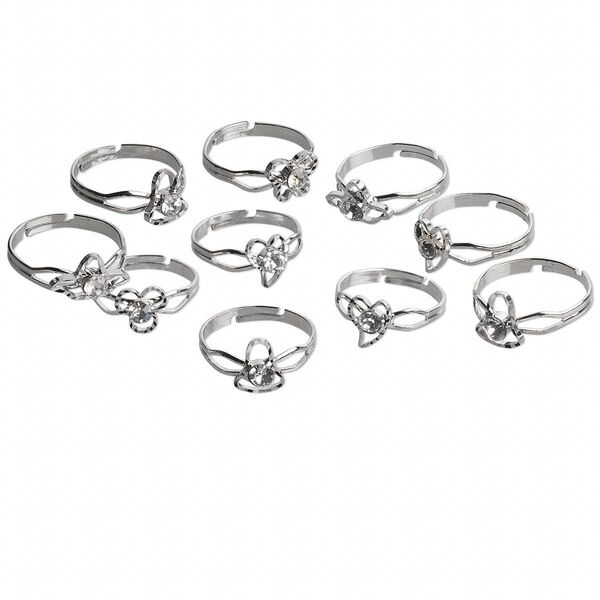 Ring mix, glass rhinestone and nickel-finished steel, clear, 6 styles, adjustable. Sold per pkg of 10. image number 0